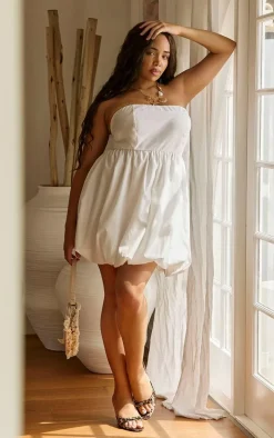 Plus White Bandeau Puffball Mini Dress