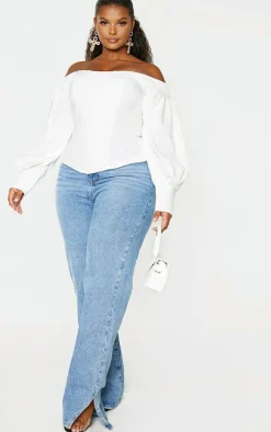 Plus White Bardot Balloon Sleeve Corset Top