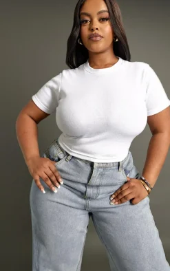 Plus White Basic Rib Short Sleeve Crop Top