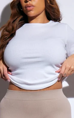 Plus White Basic Rib Short Sleeve Top