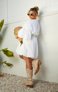 Plus White Broderie Puff Sleeve Puffball Hem Shift Dress