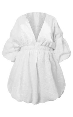 Plus White Broderie Puff Sleeve Puffball Hem Shift Dress
