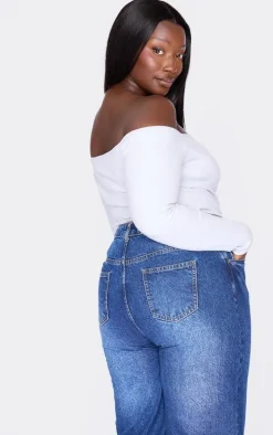 Plus White Brushed Rib Bardot Long Sleeve Bodysuit