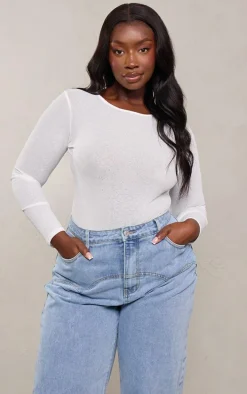 Plus White Burn Out Mesh Long Sleeve Crew Neck Bodysuit