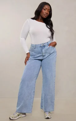 Plus White Burn Out Mesh Long Sleeve Crew Neck Bodysuit