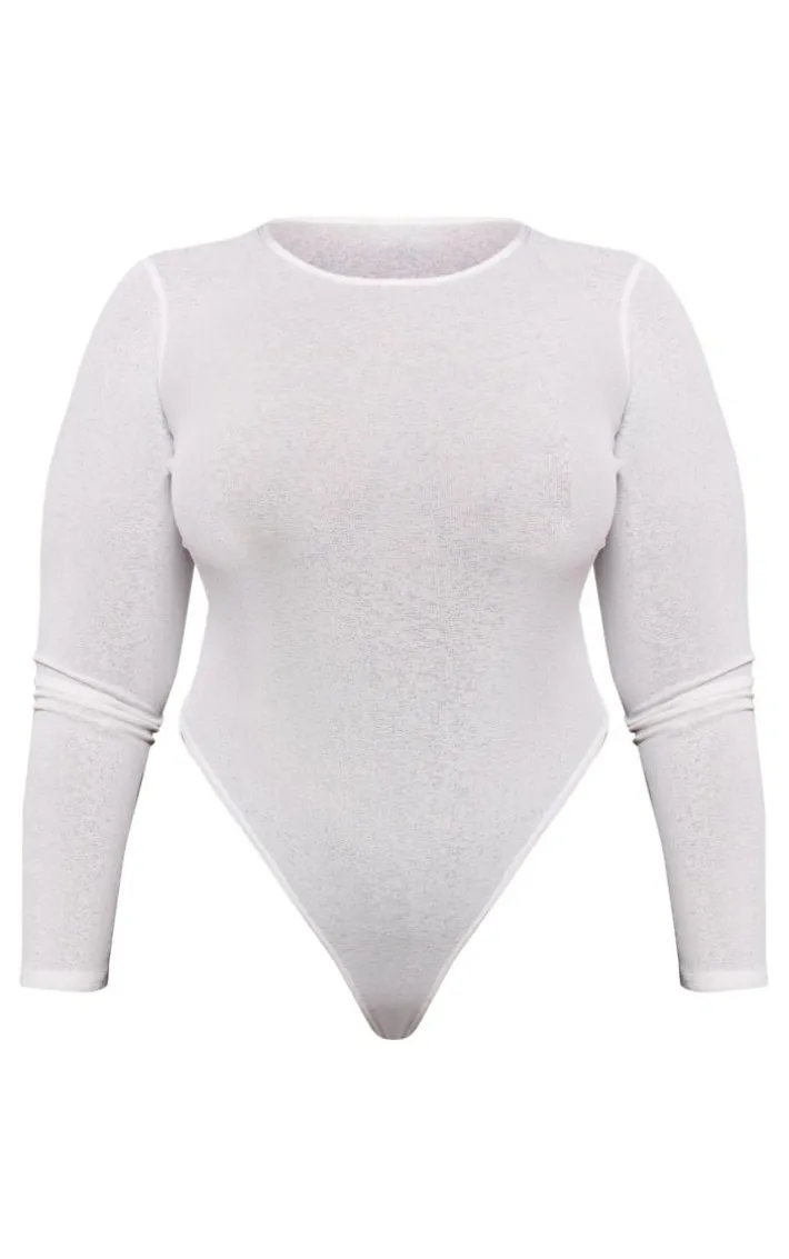 Plus White Burn Out Mesh Long Sleeve Crew Neck Bodysuit