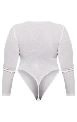 Plus White Burn Out Mesh Long Sleeve Crew Neck Bodysuit