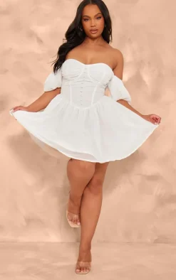 Plus White Button Front Bardot Sleeve Mini Dress