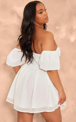 Plus White Button Front Bardot Sleeve Mini Dress