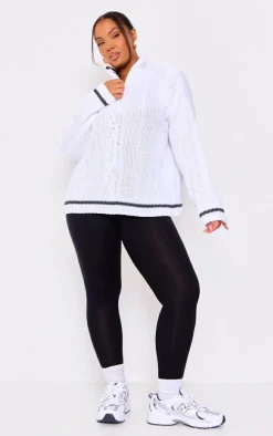 Plus White Chunky Knit Zip Detail Sweater