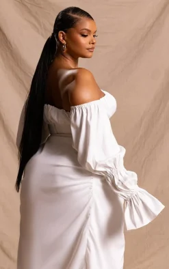 Plus White Constructed Satin Ruched Balloon Sleeve Crop Top