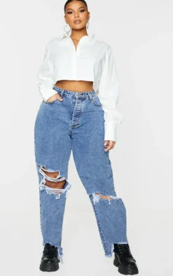 Plus White Cotton Oversized Crop Shirt