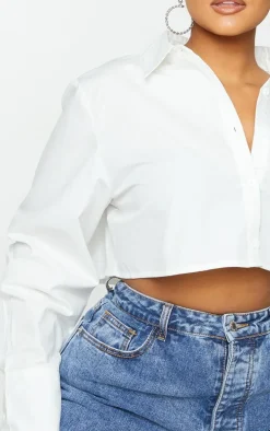 Plus White Cotton Oversized Crop Shirt