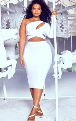Plus White Cut Out One Shoulder Midi Dress