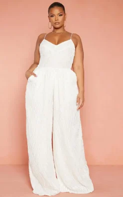 Plus White Devore Cup Detail Wide Leg Jumpsuit