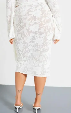 Plus White Devore Drape Ruched Midi Skirt