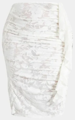 Plus White Devore Drape Ruched Midi Skirt