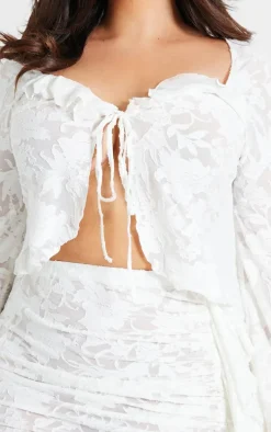 Plus White Devore Frilled Tie Crop Top
