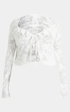 Plus White Devore Frilled Tie Crop Top