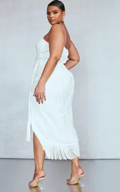 Plus White Devore Tassel Detail Underwired Draped Midi Dress
