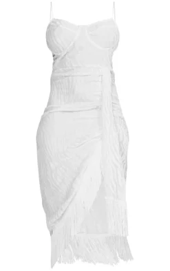 Plus White Devore Tassel Detail Underwired Draped Midi Dress