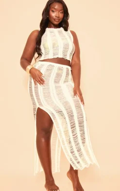 Plus White Distressed Knitted Midaxi Skirt