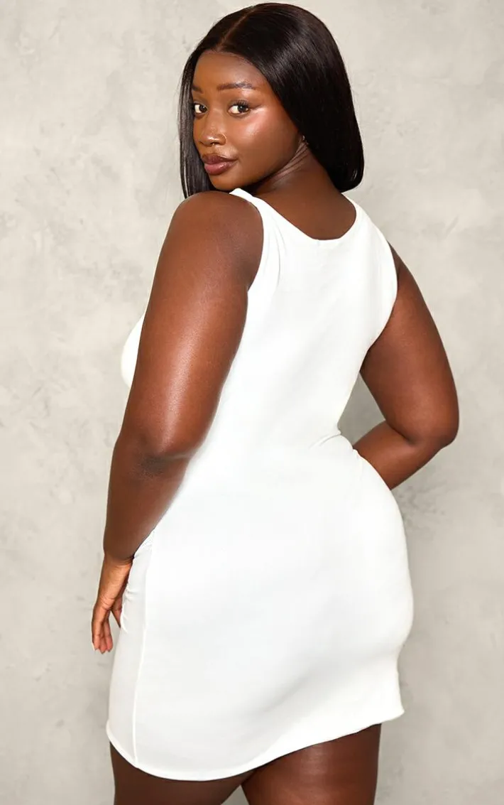 Plus White Double Contour Twist Strap Ruched Bodycon Dress