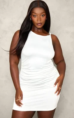 Plus White Double Contour Twist Strap Ruched Bodycon Dress