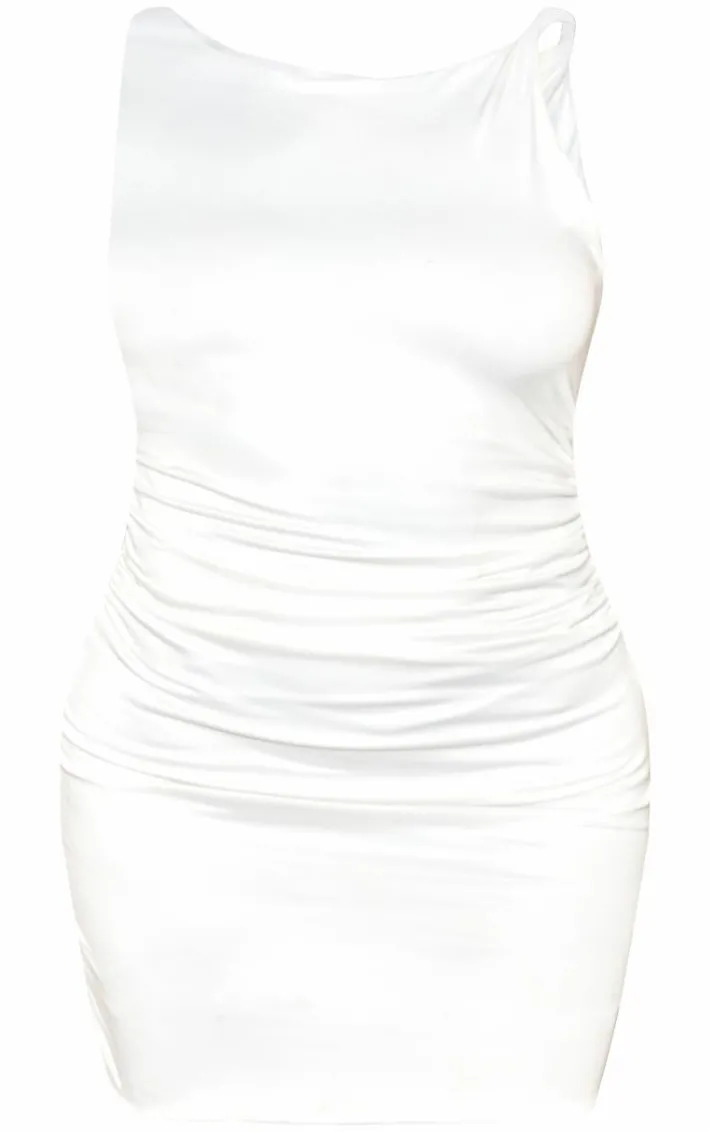 Plus White Double Contour Twist Strap Ruched Bodycon Dress