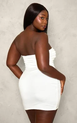 Plus White Double Contour Twist Bandeau Ruched Bodycon Dress