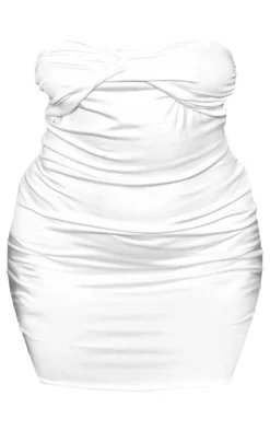 Plus White Double Contour Twist Bandeau Ruched Bodycon Dress