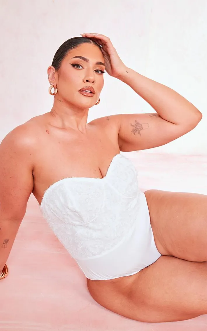 Plus White Eyelash Detail Bandeau Bodysuit