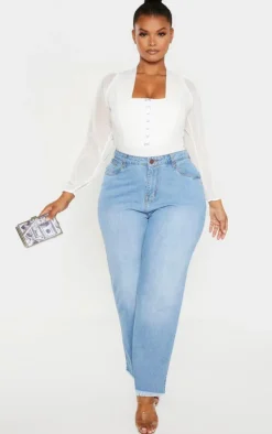 Plus White Eyelet Detail Mesh Sleeve Bodysuit