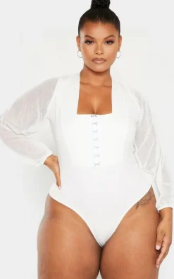 Plus White Eyelet Detail Mesh Sleeve Bodysuit