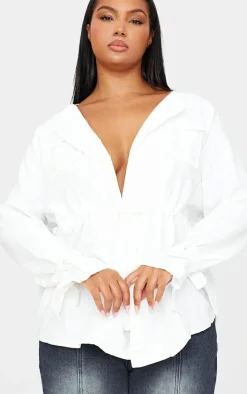 Plus White Faux Suede Cargo Ruched Waist Shirt