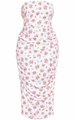 Plus White Floral Print Strapless Corset Ruched Side Maxi Dress