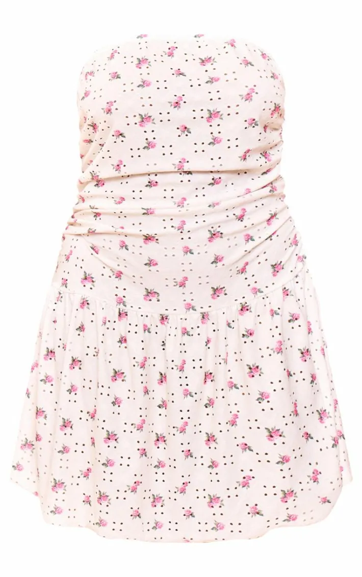 Plus White Floral Printed Broderie Frill Bandeau Bodycon Dress