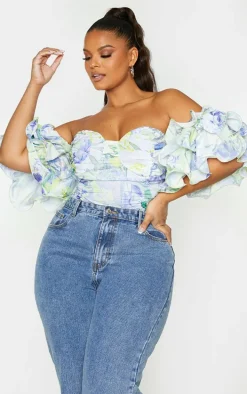 Plus White Floral Ruffle Puff Sleeve Bardot Crop Top