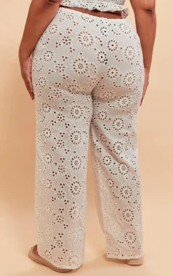 Plus White Flower Detail Wide Leg Pants