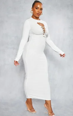 Plus White Laser Cut Long Sleeve Maxi Dress