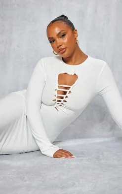 Plus White Laser Cut Long Sleeve Maxi Dress