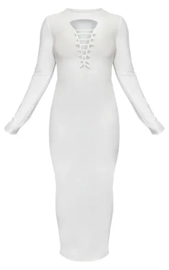 Plus White Laser Cut Long Sleeve Maxi Dress
