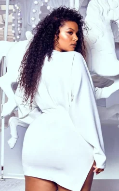 Plus White Pleated Balloon Sleeve Bodycon Dress