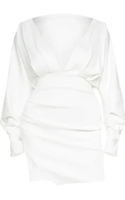 Plus White Pleated Balloon Sleeve Bodycon Dress