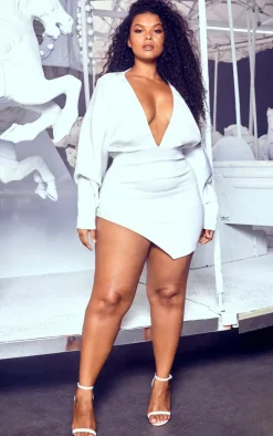 Plus White Pleated Balloon Sleeve Bodycon Dress