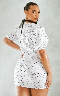 Plus White Polka Dot Puff Sleeve Tea Dress