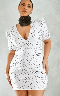 Plus White Polka Dot Puff Sleeve Tea Dress