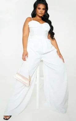 Plus White Ruched Cup Strappy Wide Leg Jumpsuit