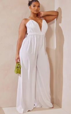 Plus White Strappy Cross Back Detail Wide Leg Jumpsuit