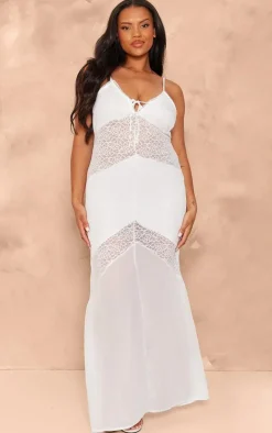 Plus White Strappy Lace Panel Maxi Dress